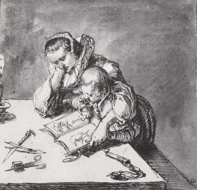 Een moeder zit met haar zoon gebogen over een schetsboek; op tafel ligt o.a. een passer. Tekening van Jacques de Gheyn II (ca. 1600)