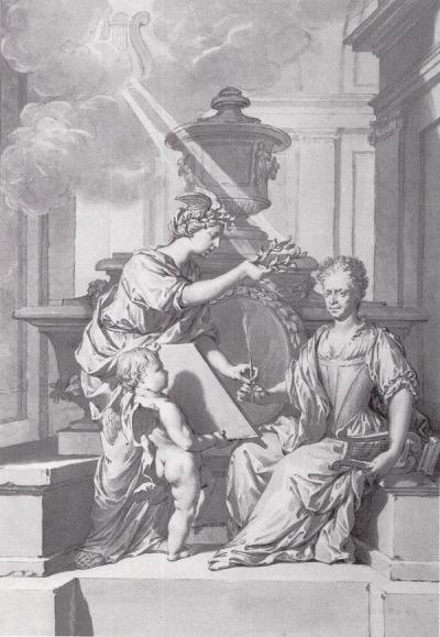 Bestraald door de hemelse lier van de dichtersgod Apollo krijgt Lescailje een lauwerkrans en een dichtveer aangereikt.