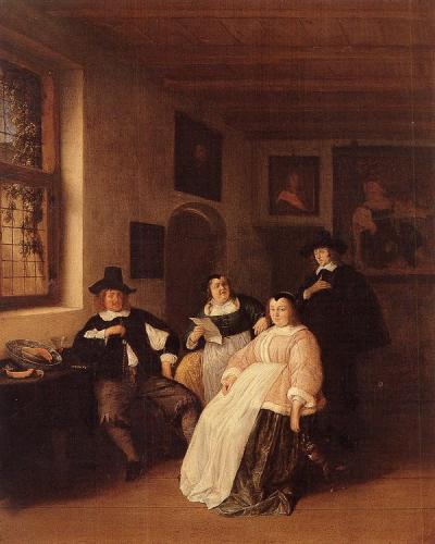 Catharina Questiers (midden, met papier) tussen haar zus Maria en haar zwager Hendrik de Goyer.