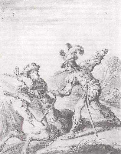 Geeraerdt van Velsen brengt Floris V de doodsteek toe. Tekening van Pieter Jansz. Quast (1606-1647). De beide figuren dragen toneelkleding.  P.C. Hooft, Geeraerdt van Velsen, Baeto. Ed. H. Duits. Amsterdam 2005, p. 90.