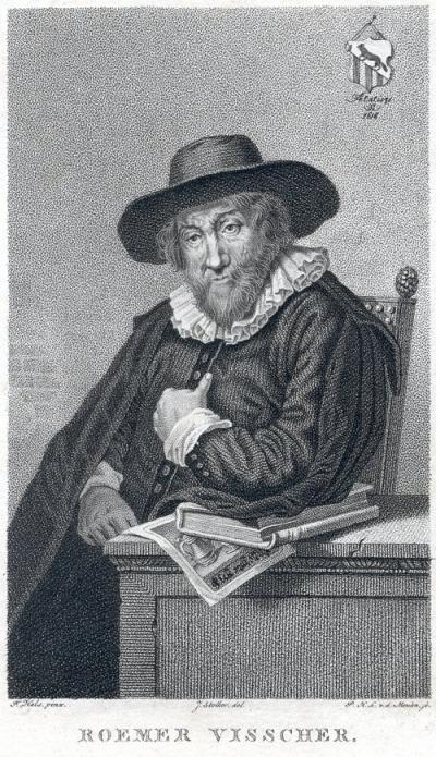 Portret van Roemer Visscher op 71-jarige leeftijd, door J. Stolker/P.H.L. v.d. Meulen, naar F. Hals (1618).  http://www.dbnl.org/auteurs/beeld.php?id=viss004