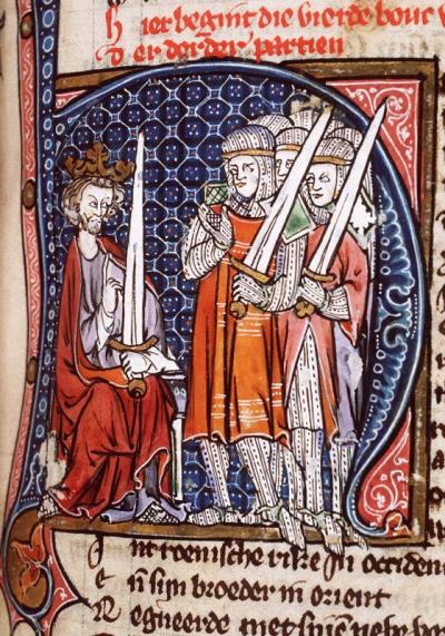 Tronende vorst (keizer Honorius?) die zeven ridders toespreekt.  Hs. Den Haag, Koninklijke Bibliotheek, KA 20, f. 129r. Jacob van Maerlant, Spiegel historiael (Middelnederlands). West-Vlaanderen, ca. 1325-1335.