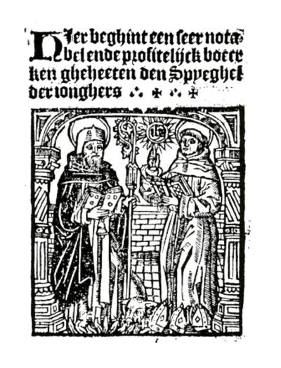 Spiegel der jonghers 1488 / In de begintijd van de boekdrukkunst werden illustraties dikwijls hergebruikt. De houtsnede op de titelpagina van Spiegel der jonghers (1488) van Lambertus Goetman is afkomstig van een tekst over eenzelfde deugdzaam onderwerp.
