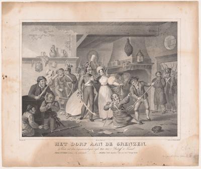 Scène uit het toneelstuk 'Het dorp aan de grenzen' van Jacob van Lennep, voor het eerst opgevoerd in de Amsterdamse Stadsschouwburg op 22 december 1830. Prent van Pieter Fontijn. Rijksmuseum.
