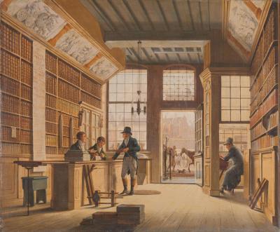 De winkel van boekhandelaar Pieter Meijer Warnars op de Vijgendam in Amsterdam, Johannes Jelgerhuis, 1820. Amsterdam, Rijksmuseum.