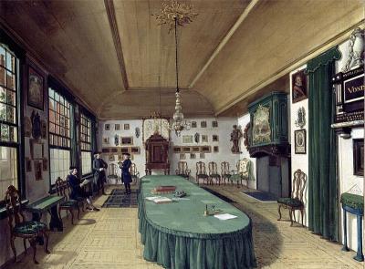 De vergaderzaal van het Leidse genootschap 'Kunst Wordt Door Arbeid Verkregen'. Olieverf op doek. 72,0 × 87,5 cm. Rijksmuseum Amsterdam (SK-C-1775). In bruikleen van Museum De Lakenhal (S 900).