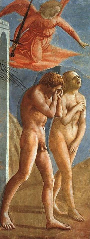 De verdrijving van Adam en Eva uit het Paradijs. Fresco uit ca. 1427 van Masaccio in de Brancacci kapel van de Santa Maria del Carmine in Florence.  Florence, Brancacci kapel, Santa Maria del Carmine
