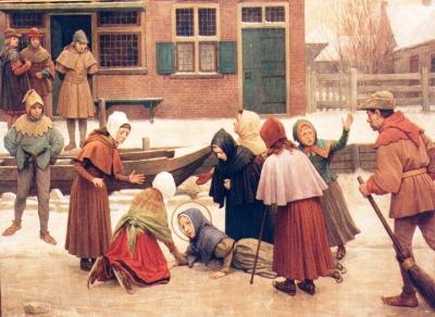 Schilderij van Jan Dunselman (1863-1931): de Heilige Liduina valt op het ijs.