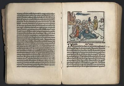 Afbeelding van de 'Vita alme virginis Liidwine' van Johannes Brugman. Het boek dateert uit 1498 en is gedrukt door de Schiedamse priester en drukker Otgier Nachtegaal. Collectie Gemeentearchief Schiedam.