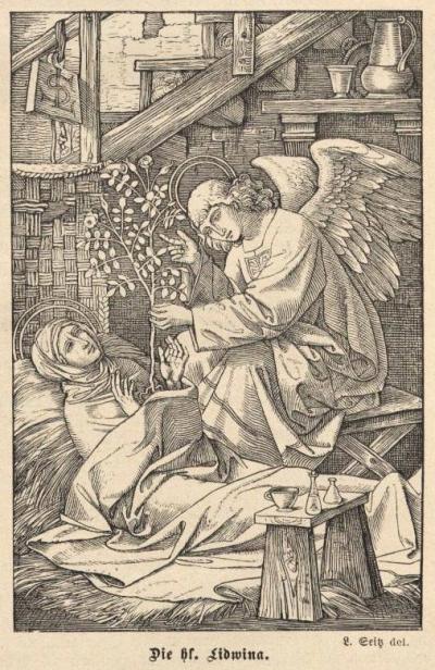 Prent van de heilige Lidwina van Schiedam, gemaakt door Ludwig Seitz (1844–1908), uit: 'Sendbote des Göttlichen Herzens Jesu' 1910