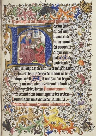 Een leraar onderwijst een jonge man, boven zijn hoofd de Heilige Geest in de vorm van een duif. Uit: The Hague, MMW, 10 F 50, fol. 121r