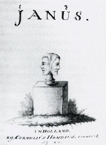 Titelpagina Janus, een literair-politiek tijdschrift waarin beide partijen, orangisten en patriotten, op de hak worden genomen.