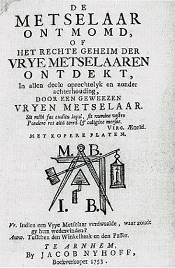 Van de Sande, Vrijmetselarij in de Lage Landen, p. 59: Titelpagina van een geschrift tegen de vrijmetselaars 