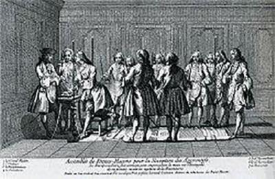 Van de Sande, Vrijmetselarij in de Lage Landen, p. 54: Receptie van een nieuwe kandidaat in 1745.