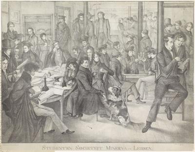 Studenten Sociëteit Minerva ± 1830. Geheel rechts: Van de Linde, de latere schoolmeester, achter de man op de stoel (Willem Veder). Litho: J. Fleuss. .