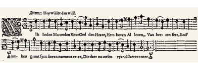 De muzieknotatie voor luit en citer bij ‘Wilt heden nu treden’  Adriaen Valerius, Nederlandtsche gedenck-clanck. (ed. P.J. Meertens, N.B. Tenhaeff en A. Komter-Kuipers). Wereldbibliotheek, Amsterdam 1942, p. 168