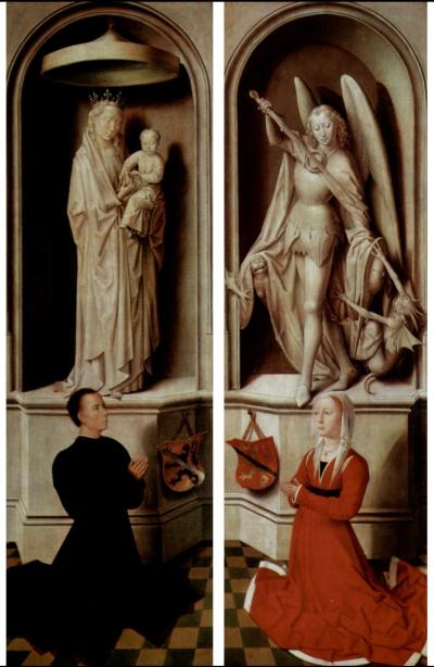 De opdrachtgever van het schilderij, Angelo Tani en zijn vrouw Caterina Tangeli, zijn afgebeeld op de buitenkant van de zijpanelen.