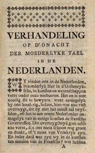 Eerste pagina van de Verhandeling op d’onacht der moederlyke tael in de Nederlanden (1788) door Jan-Baptist Verlooy