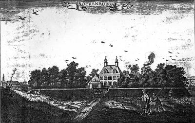 Tekening van het eerste landhuis Ockenburgh met op de voorgrond de Zwarte (oude) Duinen