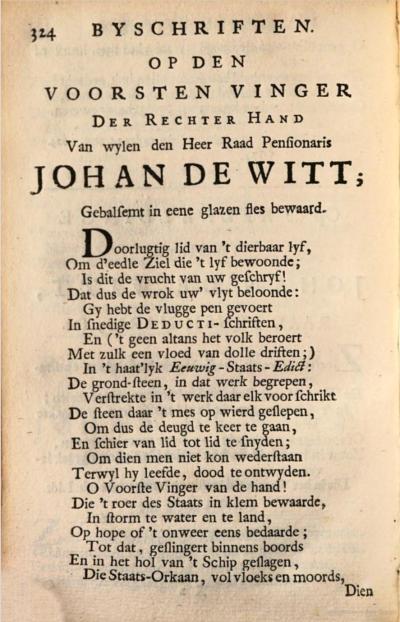 Pagina met begin van het gedicht "Op den voorsten vinger..." uit: Joachim Oudaan, "Joachim Oudaans Poëzy, verdeeld in drie deelen", Volume 1. Wed. P. Arentz, en K. vander Sys, 1712
