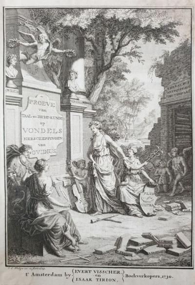 Titelpagina van Proeve van taal- en dichtkunde in vrijmoedige aanmerkingen op Vondels vertaalde herscheppingen van Ovidius