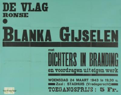 Blanka Gyselen houdt een voordracht voor DeVlag, affiche uit de collectie van Het Letterenhuis, Antwerpen