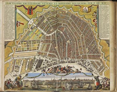 Plaat Amsterdam (pl018) uit het Stedenboek van Frederick de Wit, ca. 1698. 