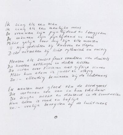 Handschrift van een gedicht van Lucebert, dat, in gewijzigde vorm, onder de titel ‘Bewoners’ zou worden opgenomen in zijn bundel Van de afgrond en de luchtmens (1953).  Uit: Anton Korteweg en Murk Salverda (red.), 't Is vol van schatten hier... (2 delen). De Bezige Bij / Nederlands Letterkundig Museum en Documentatiecentrum, Amsterdam / 's-Gravenhage 1986. Deel 2, p. 131