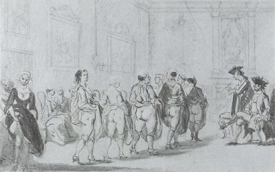 ‘Prins Eugenius van Savoye in het etablissement van Madame Traese op de Prinsengracht te Amsterdam. Tekening van Cornelis Troost (ca. 1720) Amsterdam, Rijksmuseum inv. nr. A 4220. In: Jacob Campo Weyerman, Opkomst en val van een koffiehuisnichtje, p. 23.