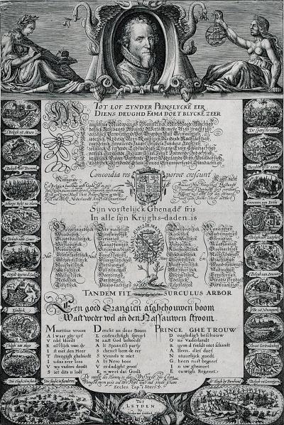 In 1612 drukte Nicolaas van Geilkerken uit Leiden deze ereprent voor prins Maurits, met gedichten van rederijkers. De afbeeldingen in de rand sommen Maurits’ overwinningen op.  Zinneprent voor Maurits. In: B. Ramakers e.a., Op de Hollandse Parnas. De Vlaardingse rederijkerswedstrijd van 1616. Zwolle, Waanders, 2006, p. 151 Collectie Simon van Gijn-museum, Dordrecht, nr. 994.