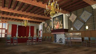 Virtuele reconstructie door Timothy De Paepe van het theater van de rederijkerskamer De Violieren, eerste helft zeventiende eeuw. Deze zaal lag op de tweede verdieping van een groot huis aan de Grote Markt van Antwerpen.