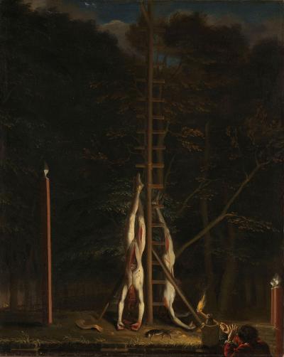De lijken van de broers De Witt, opgehangen aan de galg. Schilderij van Jan de Baen.  De lijken; Schilderij Jan de Baen, Collectie Rijksmuseum