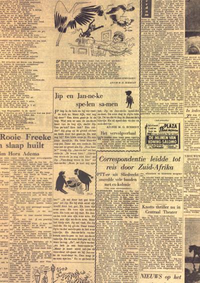 Krantenpagina uit 'het Parool' met het eerste verhaaltje van Jip en Janneke.