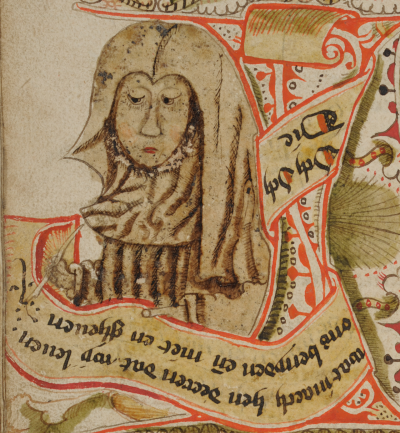Een miniatuur van de heilige Barbara als schrijvende non, uit een handschrift uit het Maastrichtse klooster Maagdendries. De non heeft een ganzenveer in haar hand en schrijft op een boekrol die voor haar ligt, waardoor wij de tekst ondersteboven zien. (Brussel, KB : II 4334)