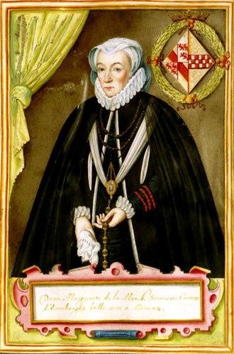 Afbeelding van gravin Margaretha van der Marck en Arenberg (1527-1599), die Boudewyns en haar gezin financieel ondersteunde.