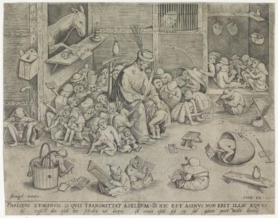 Een gravure naar Pieter Brueghel, waarop een schoolmeester en een schoolklas uit de vroegmoderne tijd te zien zijn (1557)