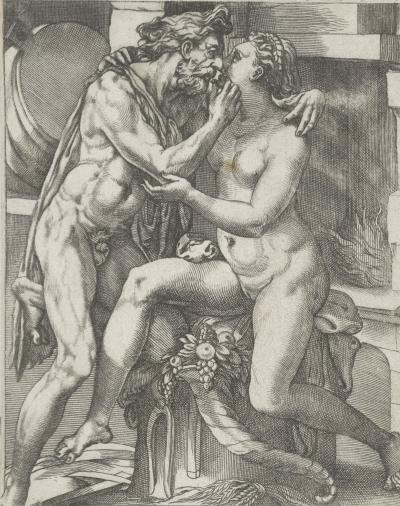 Gravure naar Perino del Vaga (1515-1565) waarop de goden Vulcanus en Ceres te zien zijn terwijl ze elkaar innig kussen. Zowel de antieke goden als het liefdesspel waren geliefde onderwerpen in het werk van Secundus.