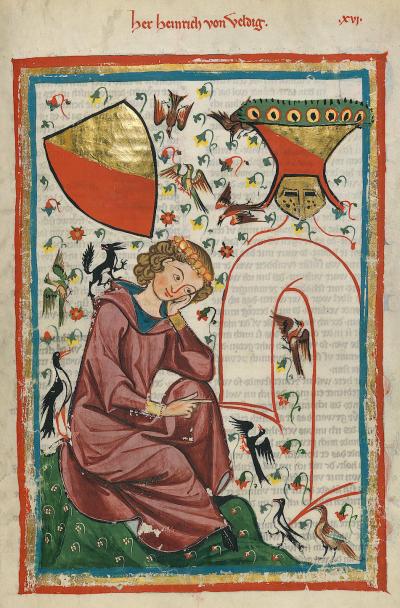 Auteursportret van Heinric van Veldeke in de veertiende-eeuwse Codex Manesse. Universitätsbibliothek Heidelberg, Cod. Pal. germ. 848.