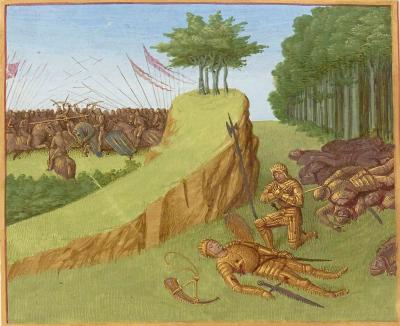 Karel de Grote (rechts) komt het lichaam van Roelant en zijn hoorn tegen en bidt voor zijn dode neef.