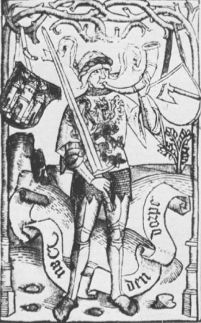Roelant met zijn hoorn Oliphant en zijn zwaard Durendal. 