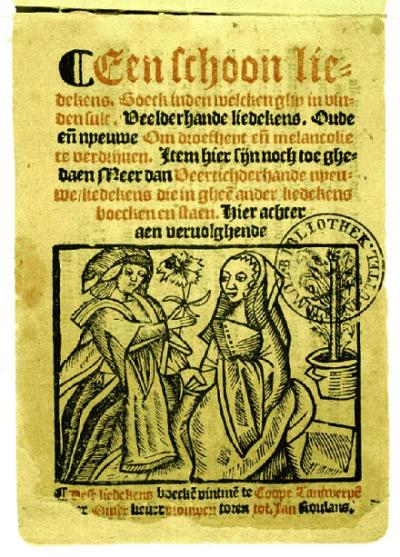 Titelpagina van de enig volledig overgebleven editie van het Antwerps liedboek, die van Jan Roulans uit 1544.