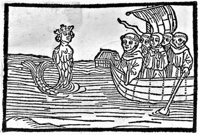 Op hun reis komen Brandaan en zijn mannen veel fabelachtige wezens tegen, waaronder een zeemeermin. Houtsnede uit een Duitstalige Brendaan-editie gedrukt door Johann Zainer (1499).