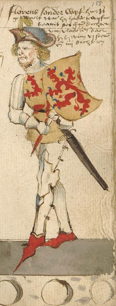 Een van de hoofdrolspelers van het historielied, graaf Floris V van Holland (1254-1296). Vijftiende-eeuwse afbeelding aan de hand van Hendrik van Heessel, en vermoedelijk de oudst bekende afbeelding die van Floris gemaakt is.