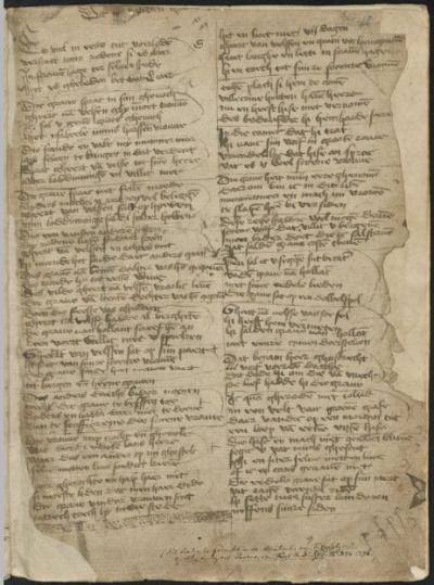 Liedblad waarop het historielied geschreven is. Het blad is bewaard gebleven als schutblad in een verder ongerelateerd handschrift, de Nieuwe Doctrinael van Jan de Weert.