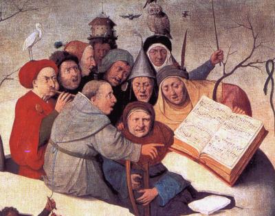 Een groep zangers op een schilderij van een navolger van Hieronymus Bosch