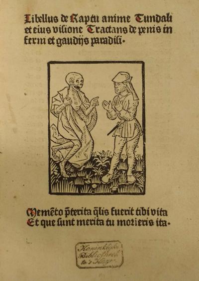 Openingspagina van een gedrukte Tondalustekst uit de vijftiende eeuw. Op de houtsnede is rechts Tondalus te zien, samen met een personificatie van de Dood. KB, nationale bibliotheek van Nederland, KW 150 B 20.