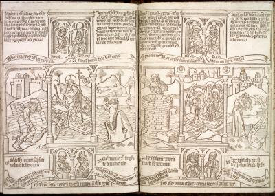 Opening uit de Biblia pauperum (KB, nationale bibliotheek van Nederland)