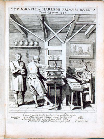 Afbeelding van de drukkerij van Coster in Scriverius’ Laure-crans (KB, nationale bibliotheek van Nederland)