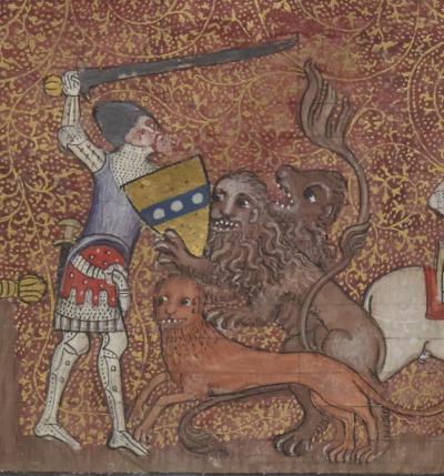 Illustratie van een geharnaste ridder die vecht tegen drie leeuwen
