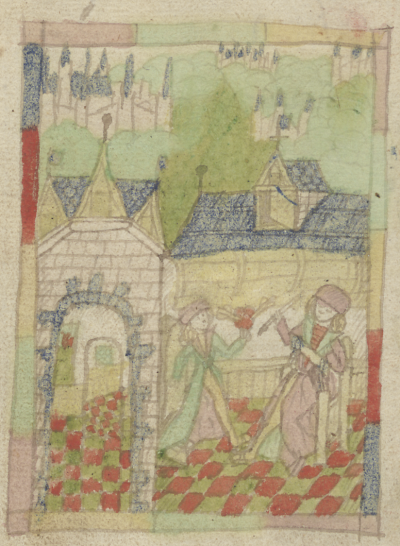 Illustratie uit een middeleeuws manuscript, een vrouw toont een man een hart dat met pijlen is doorboord